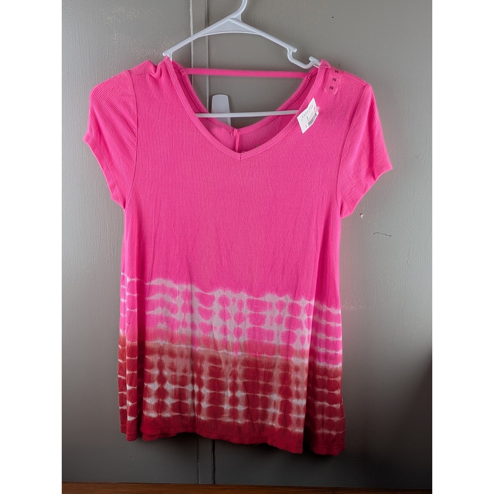 Justice Girls Pink Ribbed Tie Dye V-Neck Short Sleeve Top Size 14